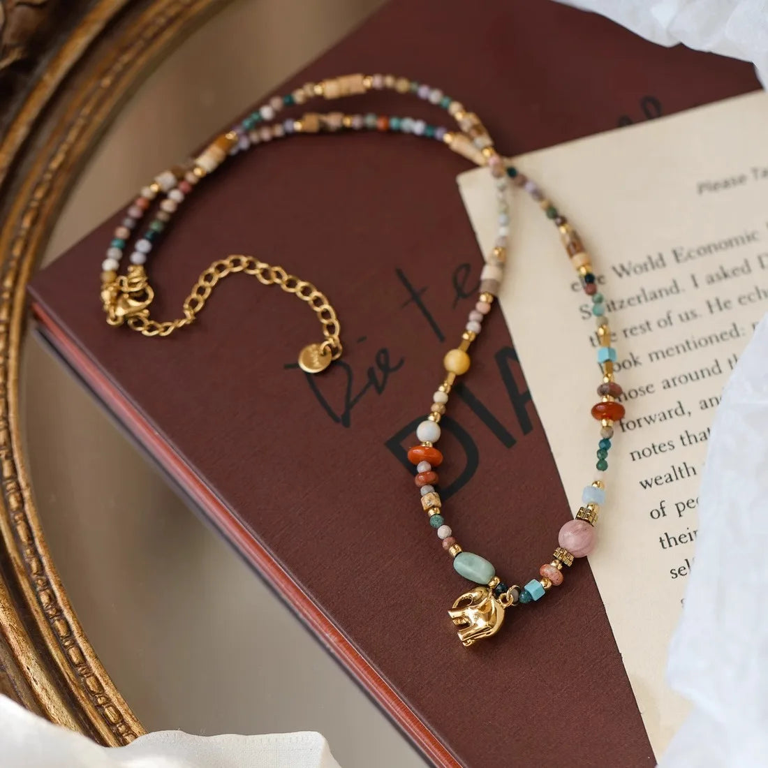 French Retro Natural Stone Pendant Necklace | Elegant Elephant Jewelry for Women