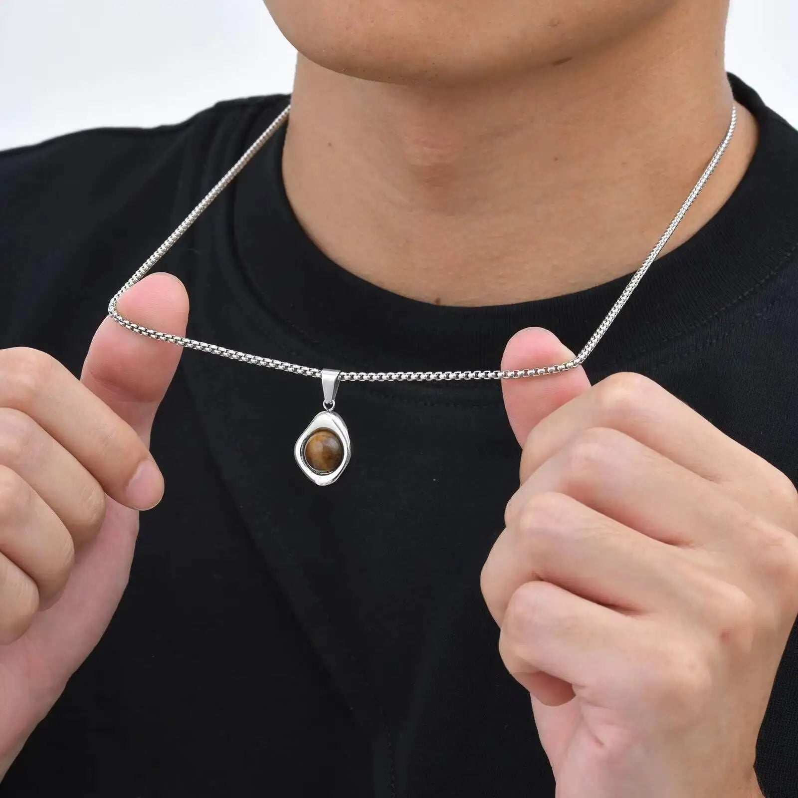 Vnox Tiger Eye Stone Irregular Pendant Necklace | Stainless Steel Natural Stone Jewelry for Men
