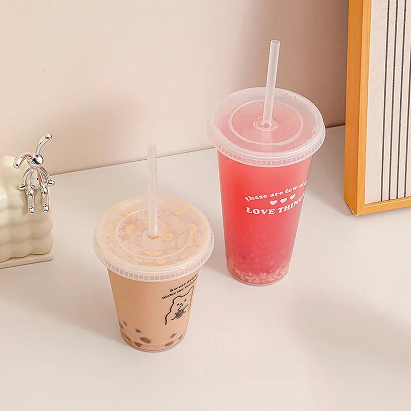 Kawaii Water Bottle for Coffee Juice Milk Tea | Cute Plastic Cold Cups with Straw Lid