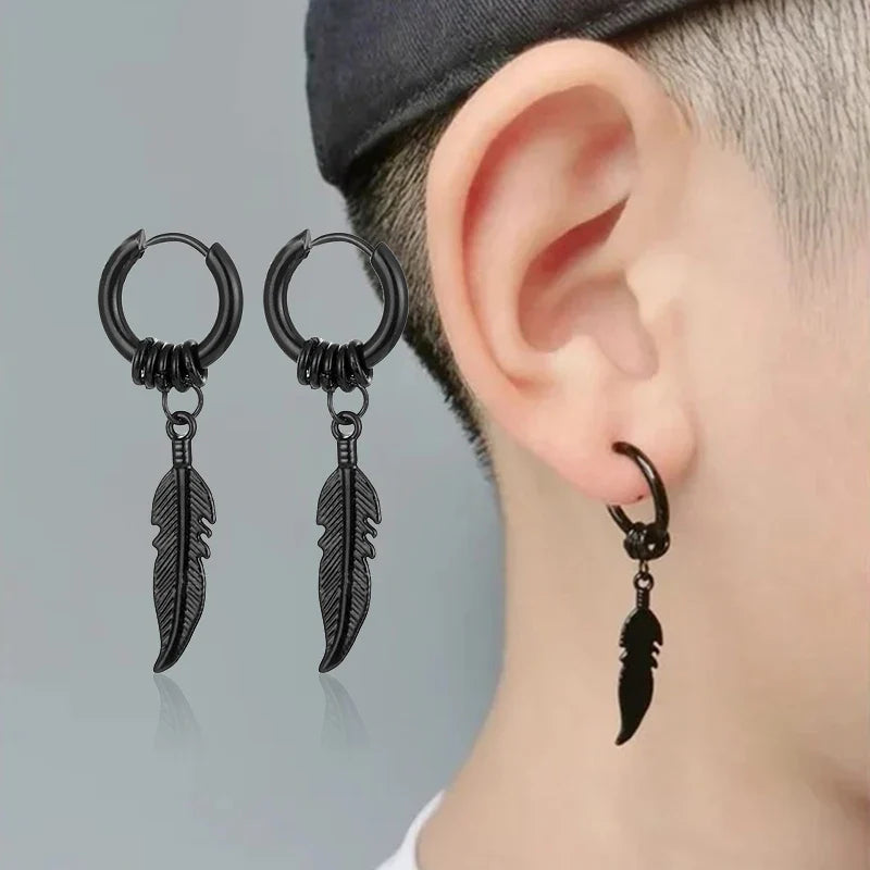 2pc Punk Cross Feather Stud Earrings | Unisex Stainless Steel Hoop Earrings