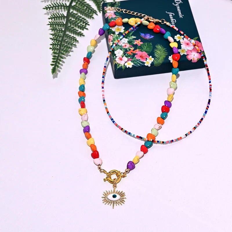 Heart Choker Necklace with Colorful Beads | Bohemian Eye Pendant Set for Women