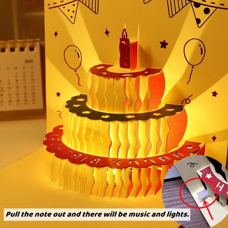 3D Music Light Birthday Card | Pop Up Cake Musical Greeting with Envelope