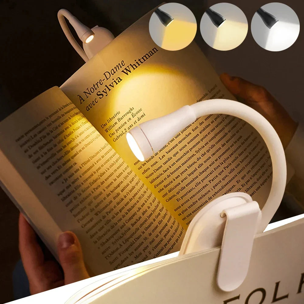 Rechargeable 3-Color Mini LED Book Light | 360° Adjustable Clip Eye Protection Reading Lamp