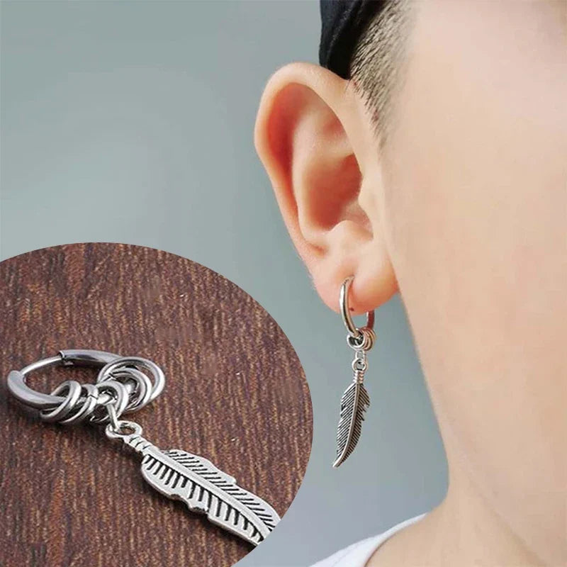 2pc Punk Cross Feather Stud Earrings | Unisex Stainless Steel Hoop Earrings