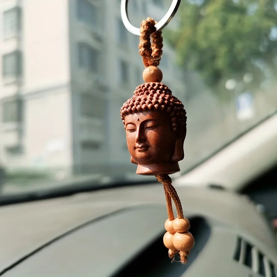 Buddha Head Carved Wood Keychain | Peach Wood Key Ring