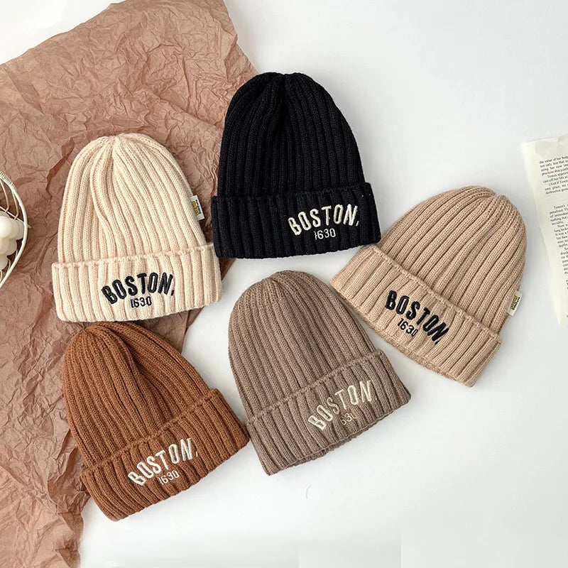 Boston Knitted Baby Hat with Letter Design | Winter Ear Protection Cap