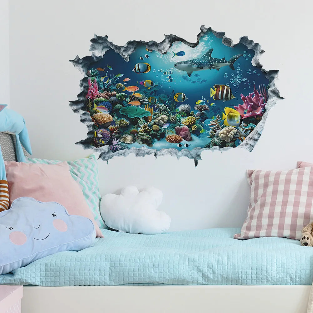 3D Shark Wall Stickers for Kids Room | Ocean Aquarium Broken Wall Decals