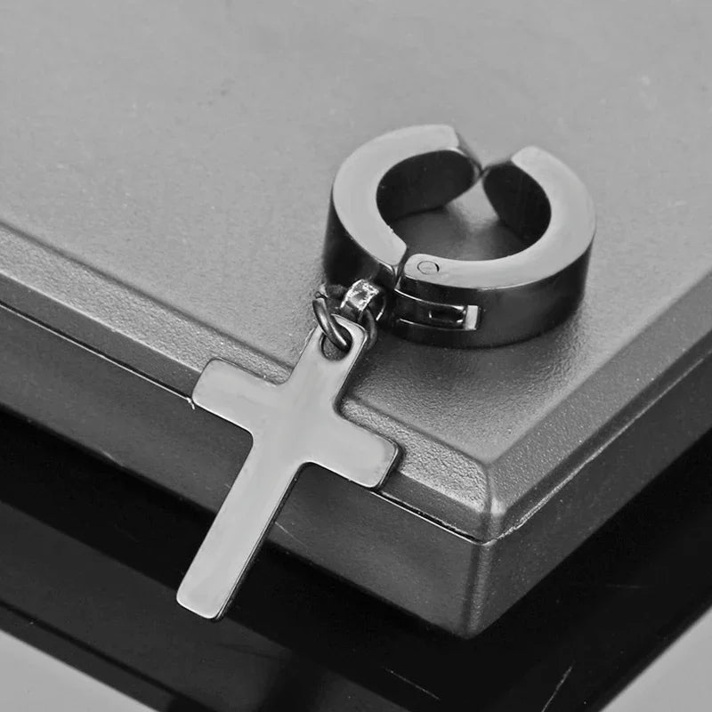 Stainless Steel Clip On Cross Earrings | Non Piercing Gothic Punk Jewelry for Men Women