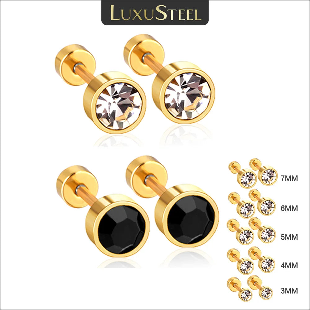 LUXUSTEEL 3mm-7mm Black White CZ Zircon Stud Earrings | Screw Back Stainless Steel No Fade