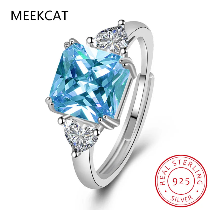 1.9ct Square Natural Sky Blue Topaz 925 Sterling Silver 3 Stone Ring | Women's Wedding Gemstone Jewelry