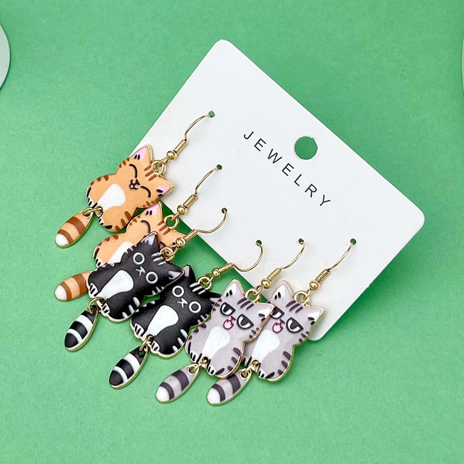 Fashionable Enamel Cat Earrings Set | 3 Pairs Cute Cartoon Drop Earrings for Women and Girls