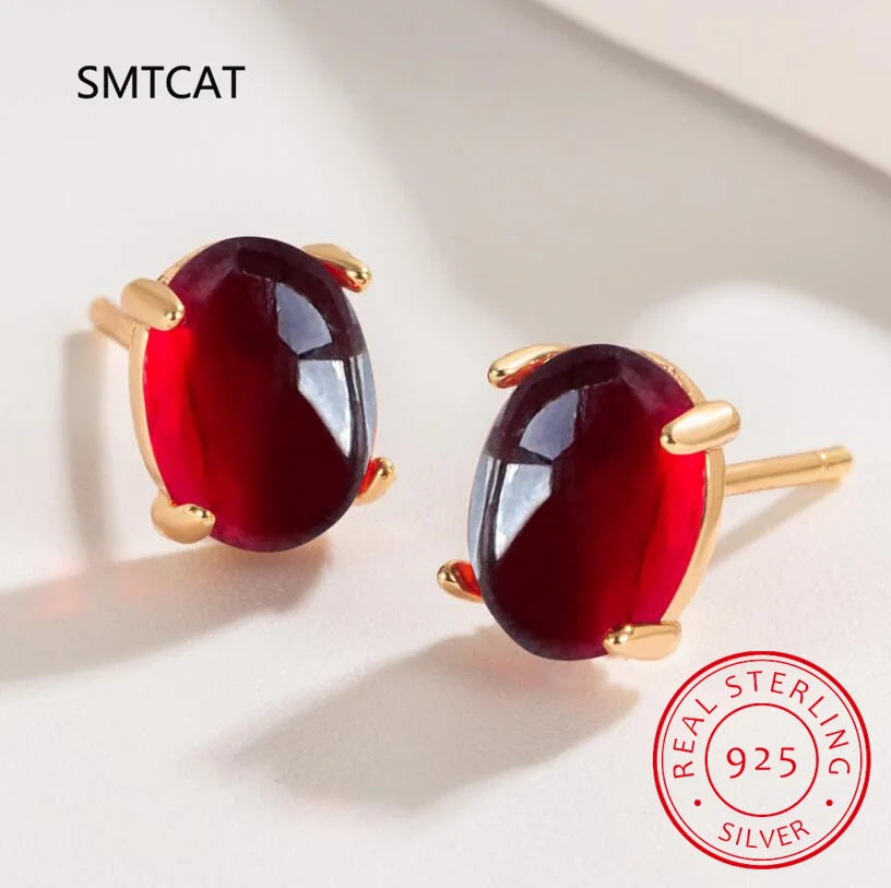 Oval Cut Red Garnet 925 Sterling Silver Stud Earrings | Women's Fashion Gemstone Jewelry