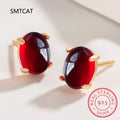 Oval Cut Red Garnet 925 Sterling Silver Stud Earrings | Women's Fashion Gemstone Jewelry