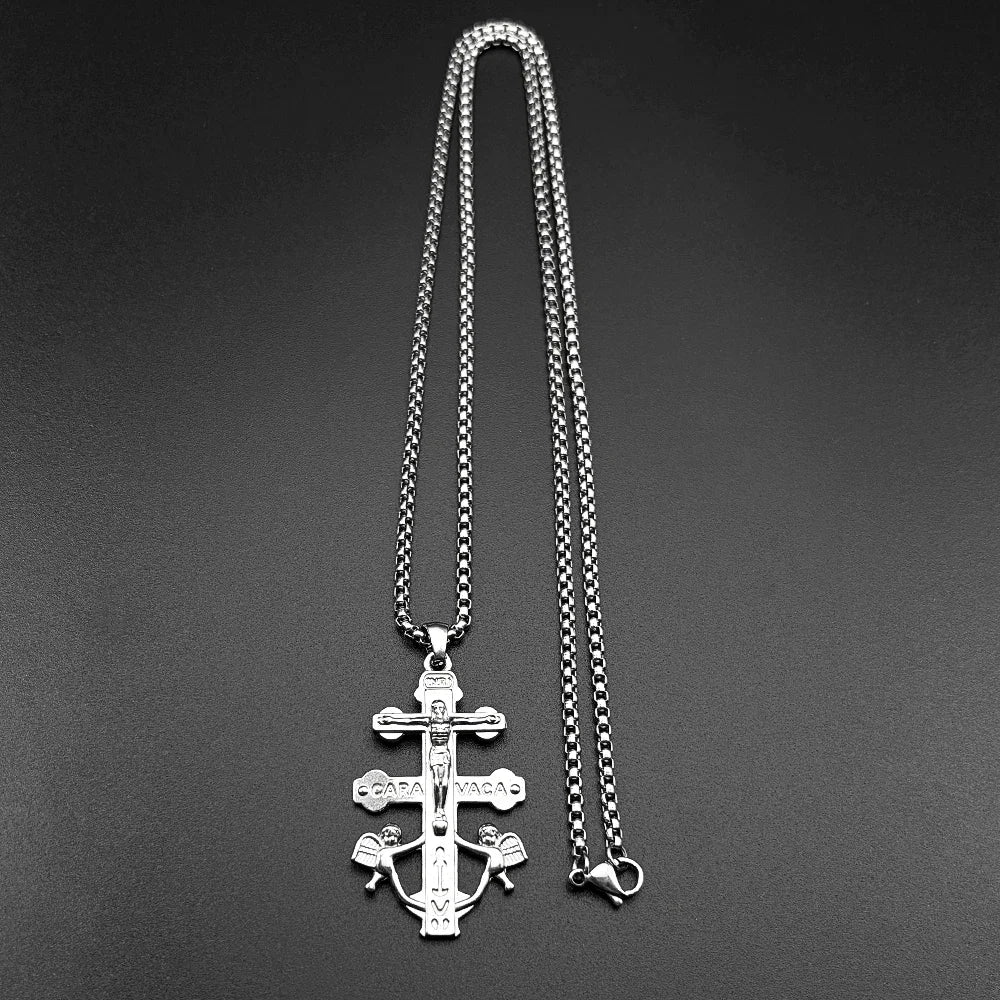 Catholic INRI Caravaca Cross Jesus Crucifix Pendant Necklace | Stainless Steel Gold Color Jewelry Gift