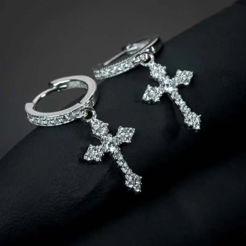 Korean Sliver Color Zircon Cross-Shape Drop Earrings | Punk Hip Hop Crystal Pendant Earrings