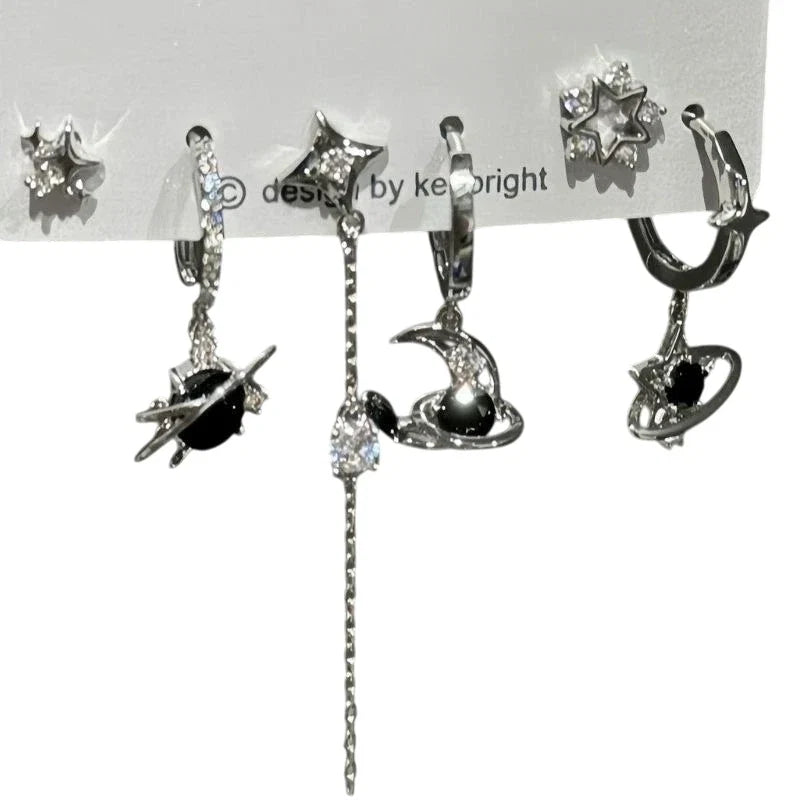 6PCS Goth Punk Vintage Aesthetic Crystal Heart Moon Cross Star Pendant Earrings Set | Grunge Y2K Jewelry