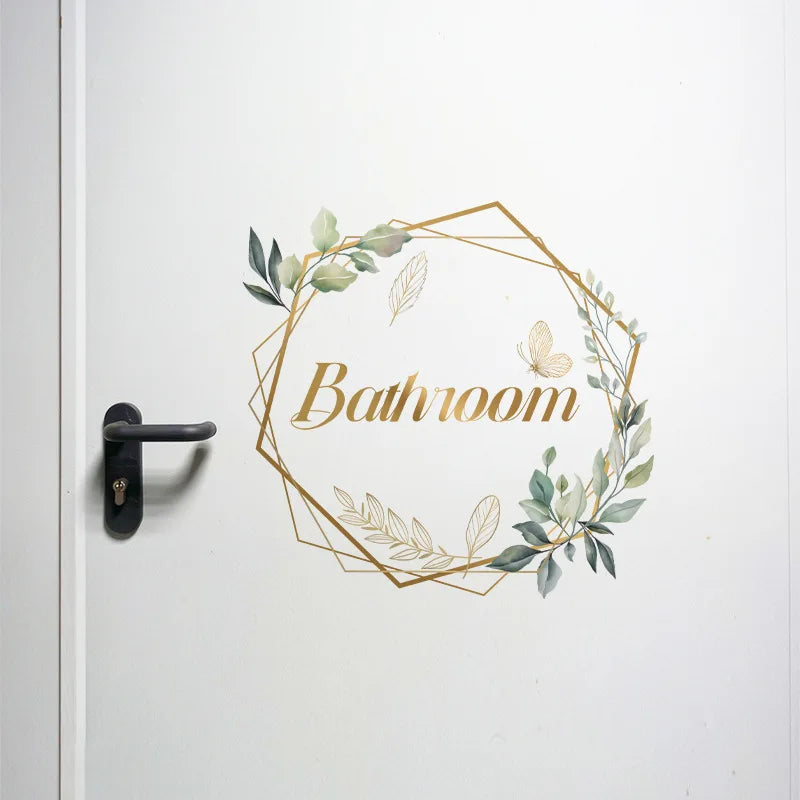 Green Plant Toilet Door Sticker Golden Letter Removable Self-adhesive Waterproof PVC Bathroom Decoration Decal