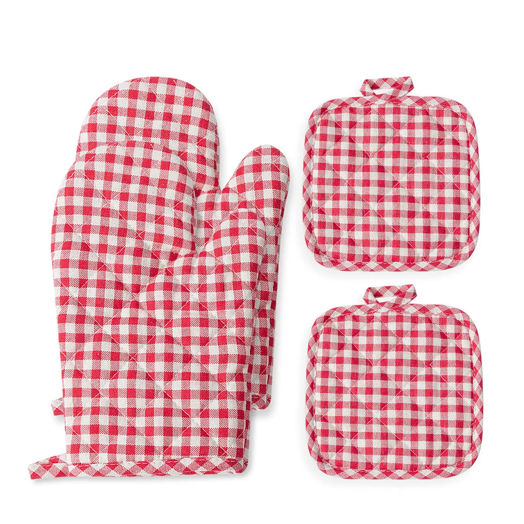 Anti Scald Oven Gloves Set | Cotton Lined Thick Kitchen Gloves with Red Checkered Design