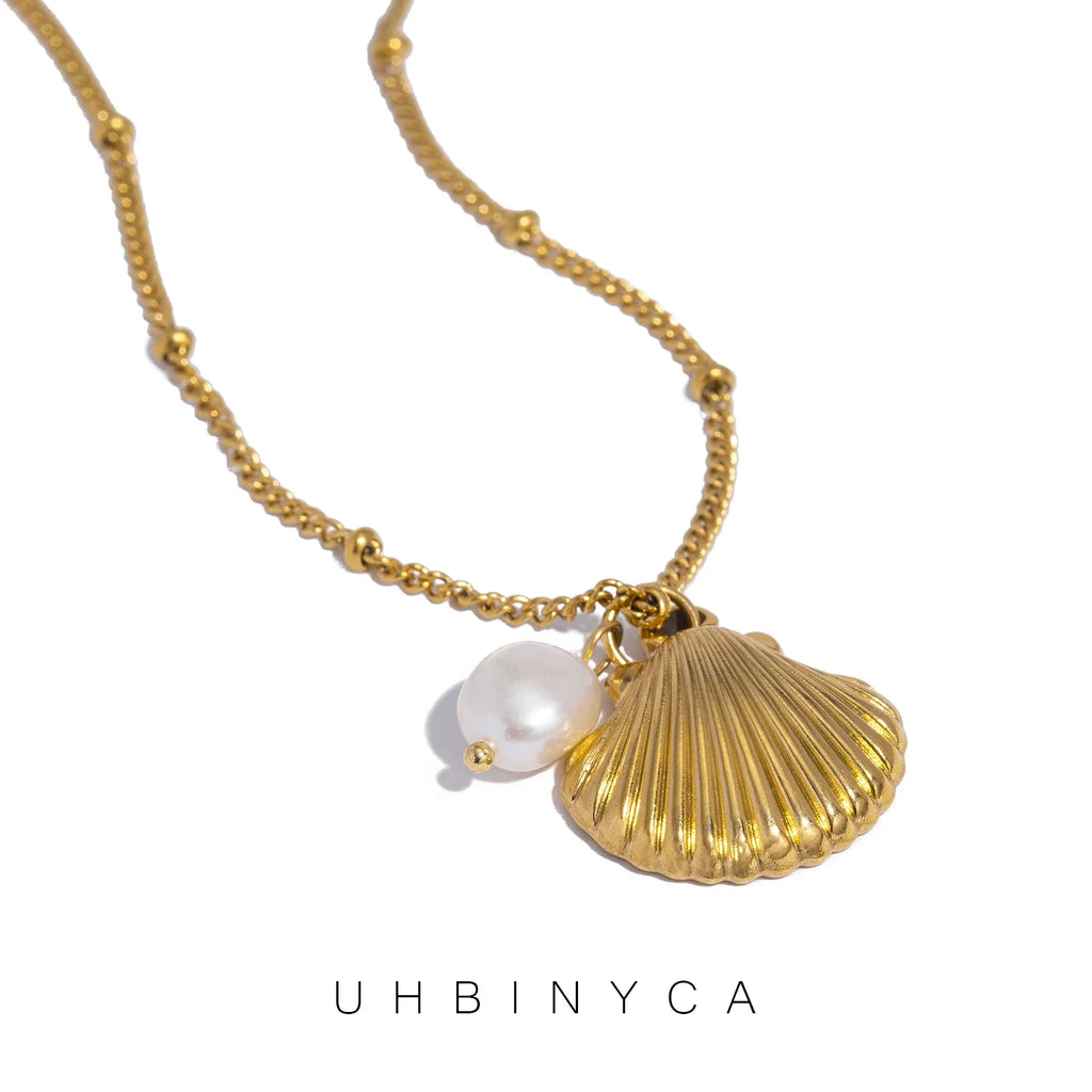 Shell and Pearl Pendant Necklace | 18K Gold Plated Stainless Steel Beach Jewelry
