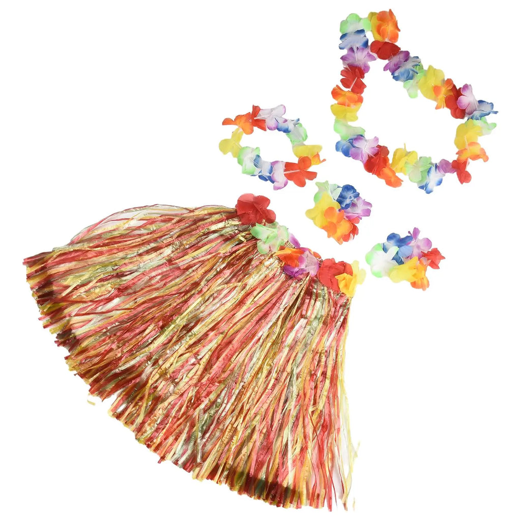 Kids Hawaiian Luau Costume Set | Grass Skirt Lei Flower Bracelets Headband