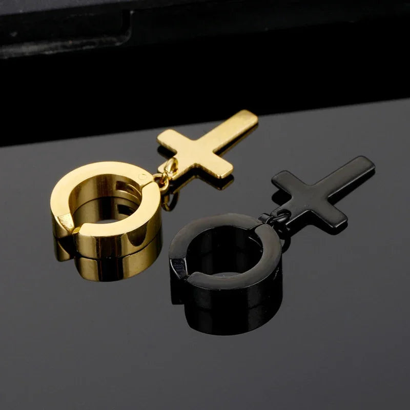 Stainless Steel Clip On Cross Earrings | Non Piercing Gothic Punk Jewelry for Men Women