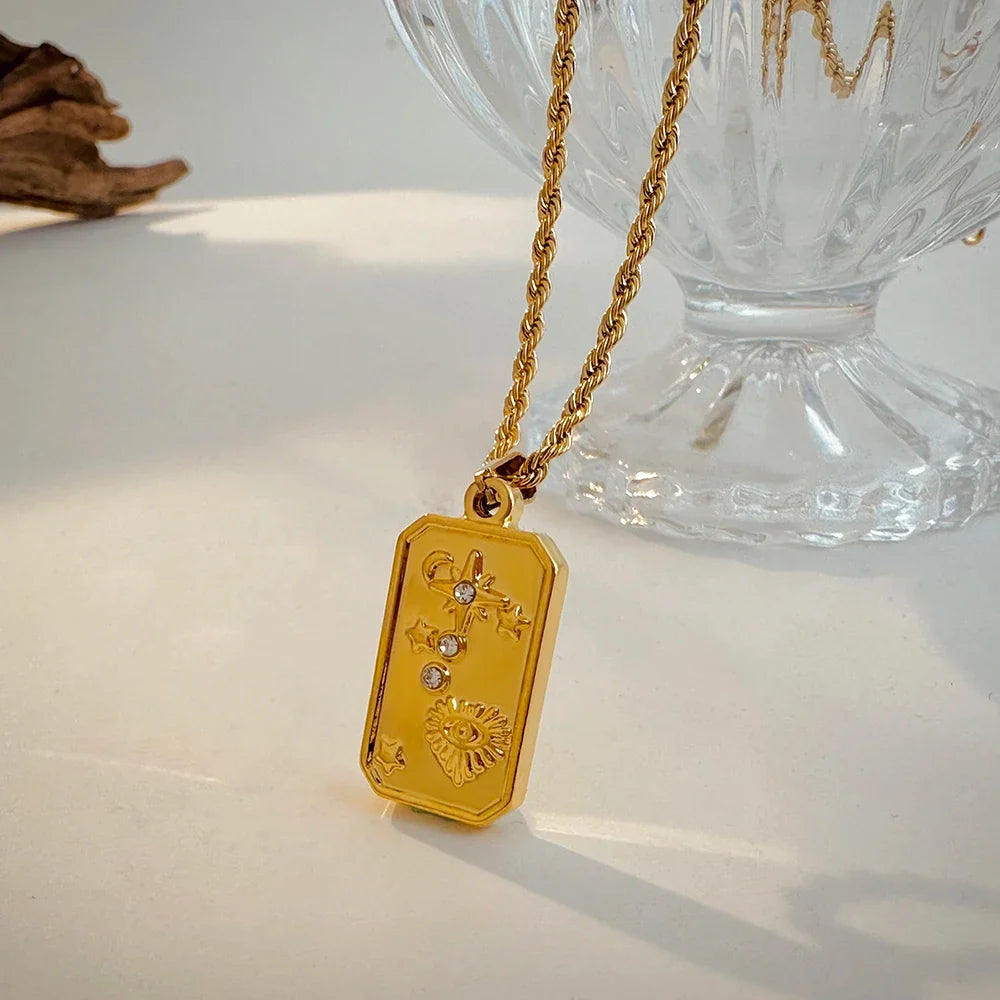 Vintage Gold Pendant Necklace | Hammered Moon Star Stainless Steel Jewelry