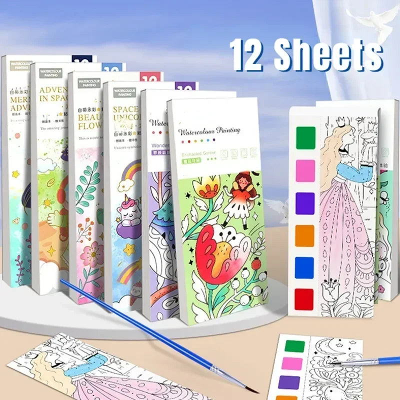 Kids Portable Watercolor Painting Book | Paint With Water Brush Gouache Graffiti Drawing Toy for Toddlers