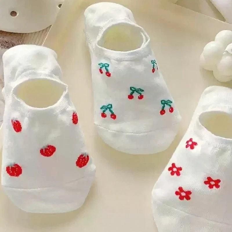 Cherry Print No-Show Boat Socks | Women's Thin Breathable Summer Socks
