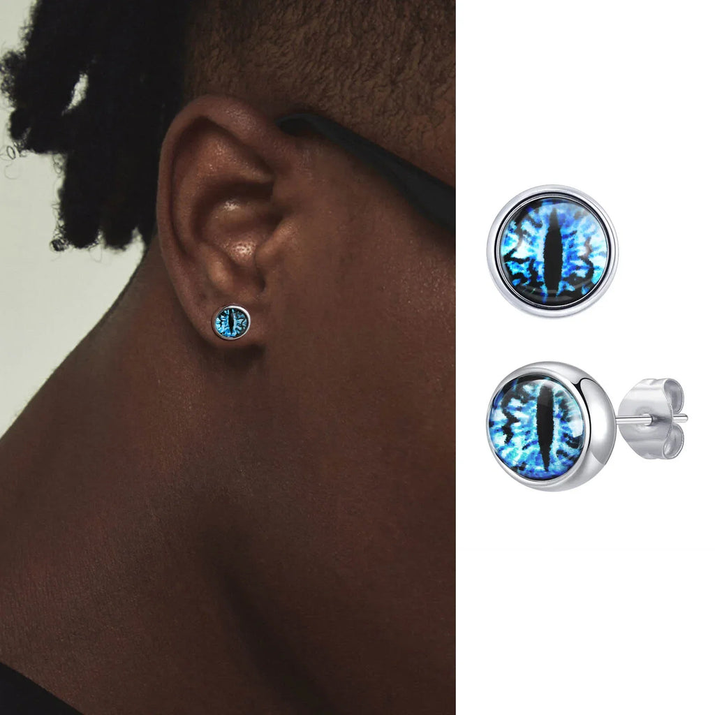 Blue Devil Eye Stud Earrings for Men | Stainless Steel Gothic Round Earrings