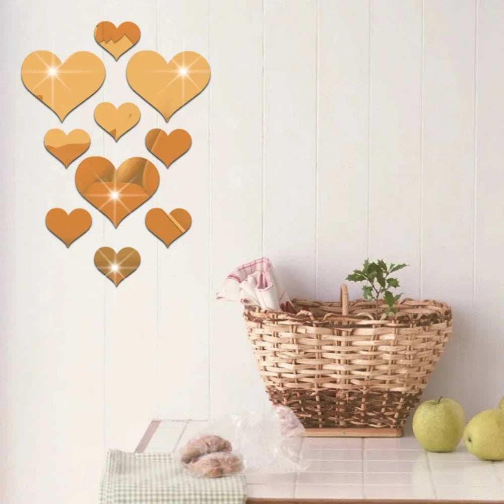 10Pcs Acrylic Love Heart Wall Stickers | Mirror 3D Decals for Home Decor