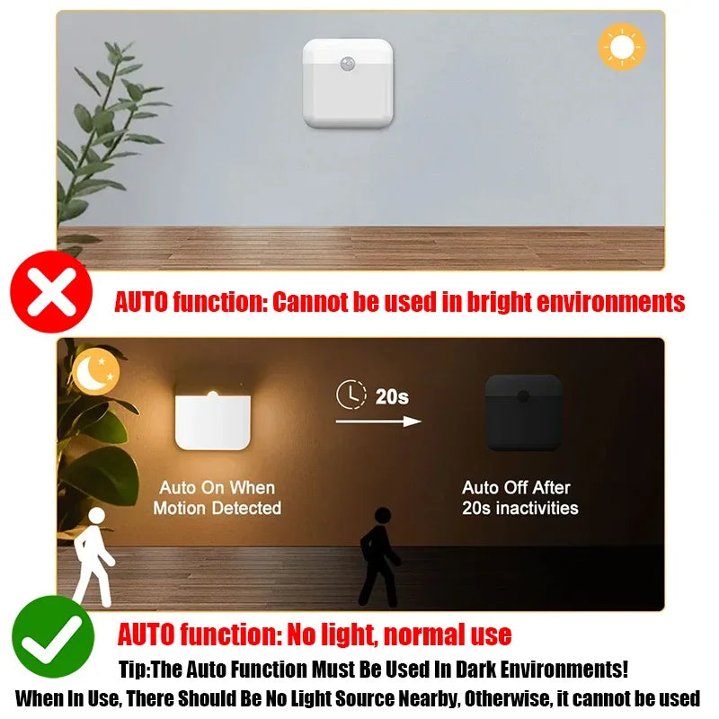 PIR Motion Sensor LED Night Light | USB Rechargeable with Switch for Bedroom Kitchen Cabinet Closet