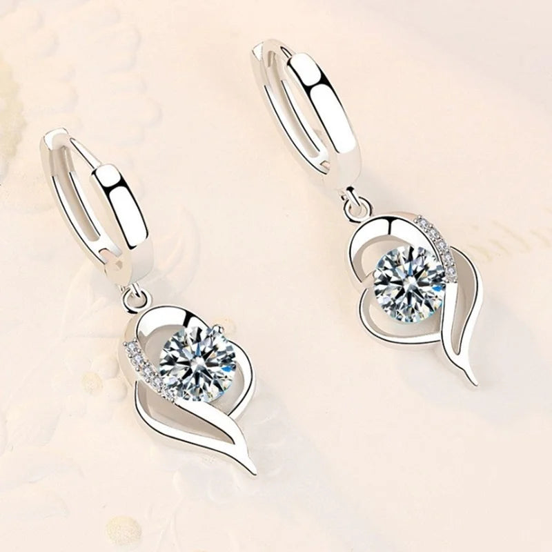 925 Sterling Silver Crystal Zircon Drop Earrings | Heart Shaped Fine Jewelry for Women