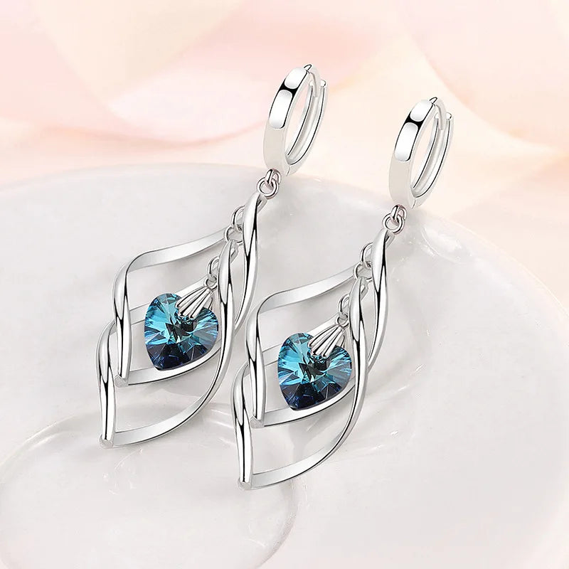 925 Silver Blue Crystal Drop Earrings | Hollow Long Dangle Earrings for Women