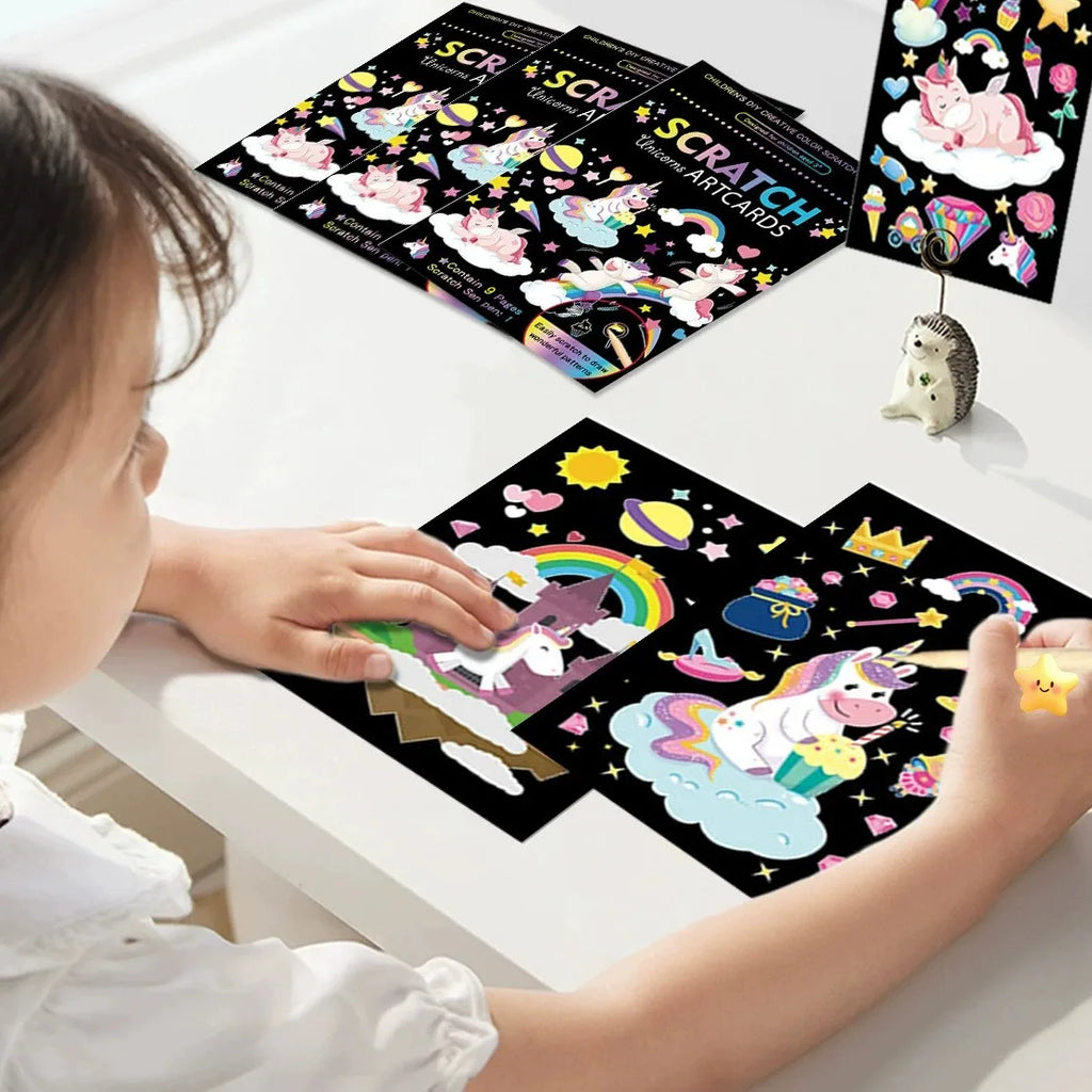 Rainbow Scratch Art Paper Kit for Kids | 9-Piece Magic Drawing Set