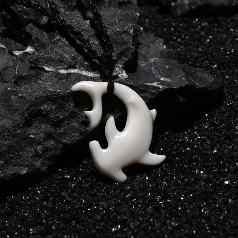 Tribal Hammerhead Shark Bone Pendant Necklace | Hand Carved Maori Amulet Jewelry