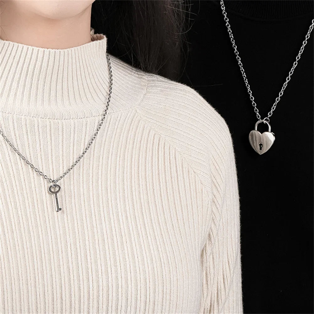 Romantic Key and Heart Couple Necklace Set | Stainless Steel Lock and Key Pendant for Lovers