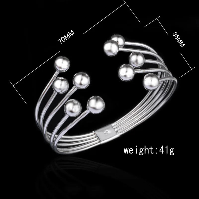Andara 925 Silver Bead Open Cuff Bracelet Bangle | Unisex Sterling Silver Jewelry Gift