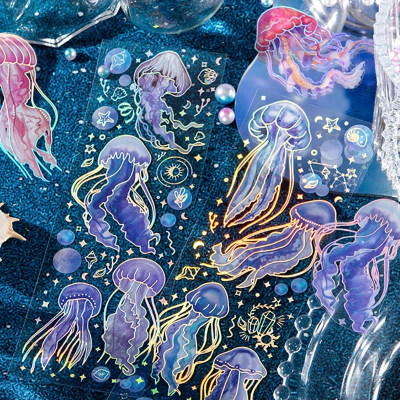 Jellyfish Theme PET Waterproof Stickers | Vintage Ocean Art for Scrapbooking
