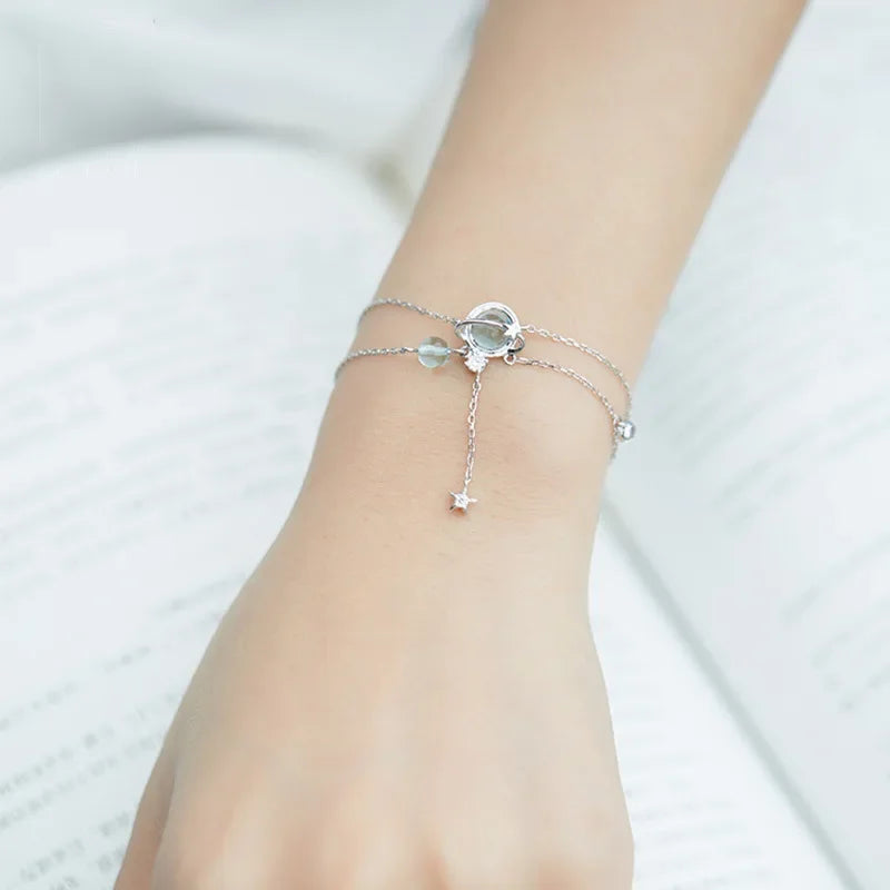 Aquamarine Crystal Encrusted Sterling Silver Bracelet | Double Layer Charm Bracelet