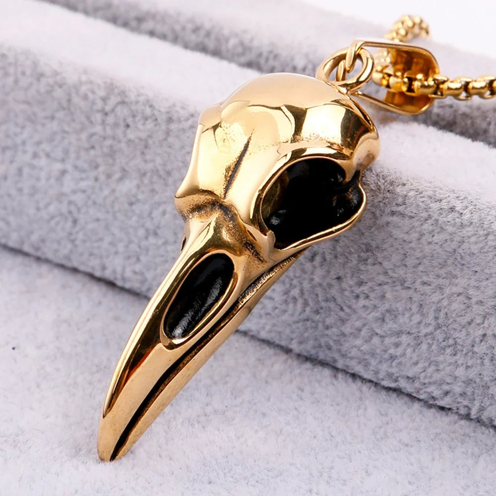 Viking Crow Skull Pendant Necklace | Stainless Steel Punk Jewelry for Men and Women