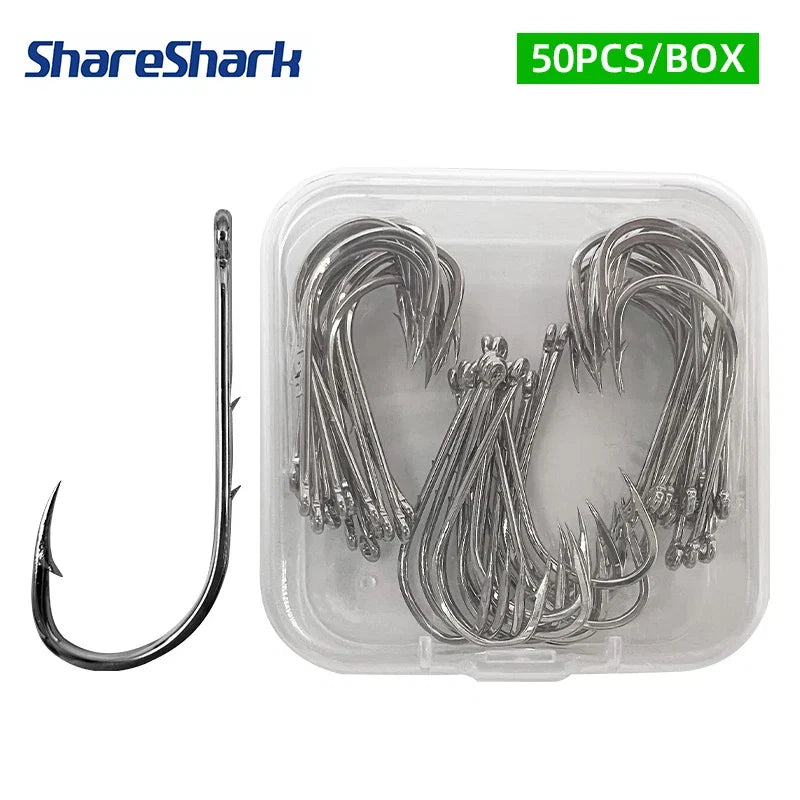 ShareShark 50-Piece High Carbon Steel Fishing Hooks with Barbed Curved Mouth | Long Shank Saltwater Hooks