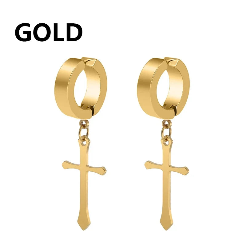 Punk Cross Stars Clip On Earrings | No Piercing Stainless Steel Ear Cuffs for Women Men