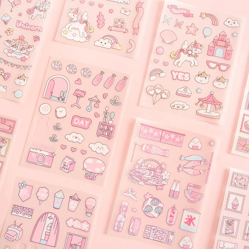 Cute Pink PET Sticker Pack for Scrapbooking and Journaling | 4 Sheets Kawaii Decorative Stickers