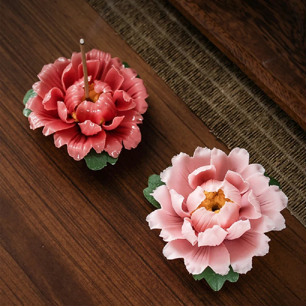 Peony Flower Incense Holder | Decorative Ceramic Incense Burner
