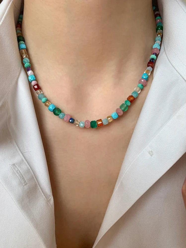 Imitate Colorful Natural Stone Beaded Necklace | Women's Sweet Fashion Jewelry Set with Pendant