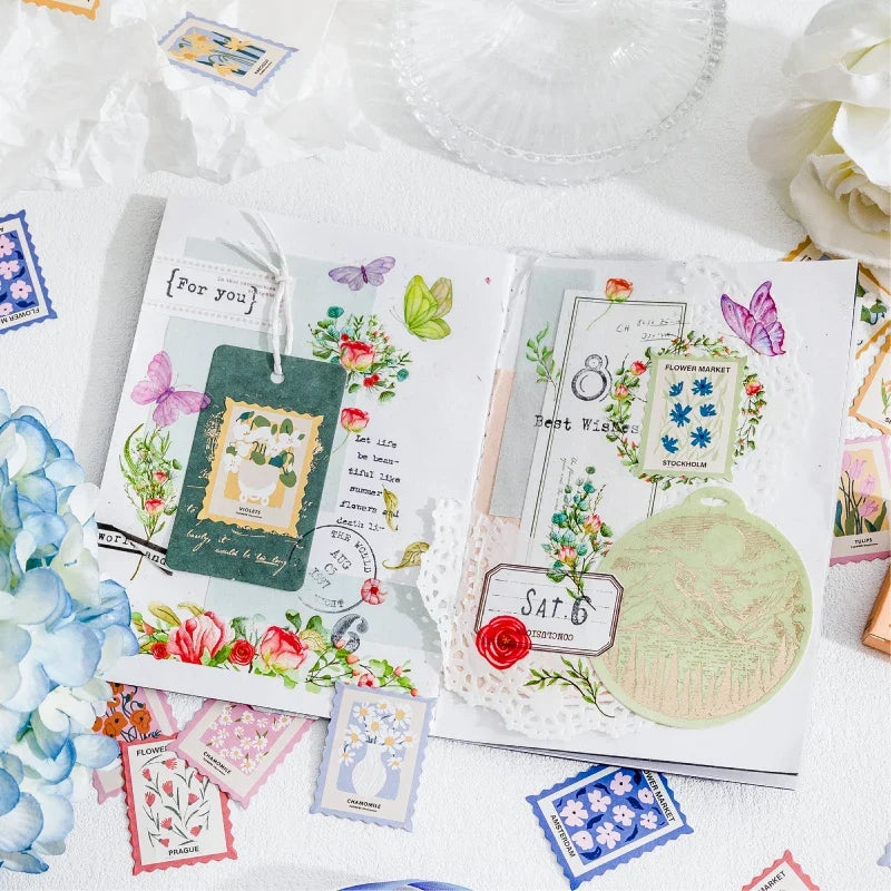Flower Post Office Decorative Sticker Set | 46pcs Paper Stickers for Scrapbooking and Journaling