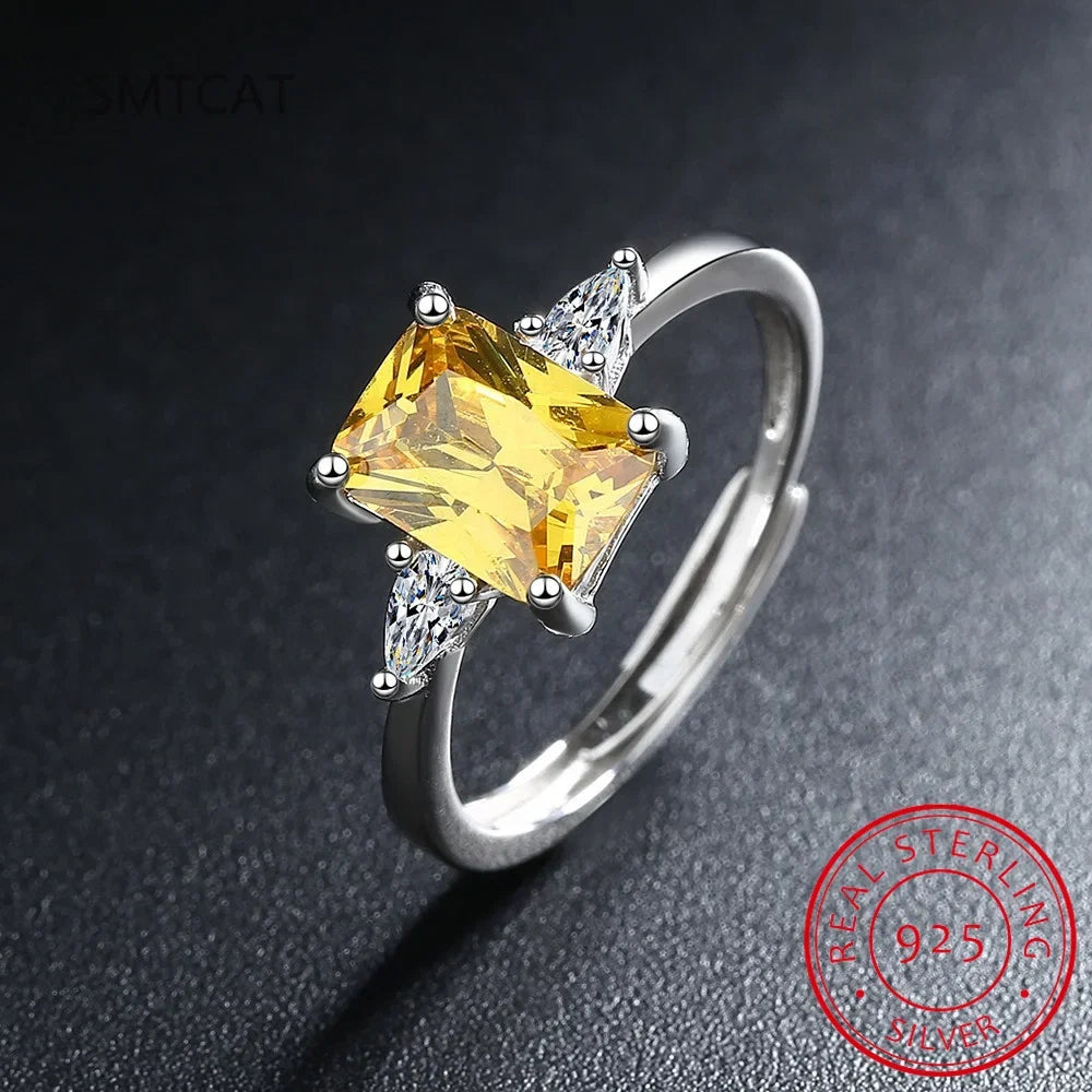 Emerald Cut Citrine Ring | 925 Sterling Silver 3 Stone Wedding Jewelry for Women