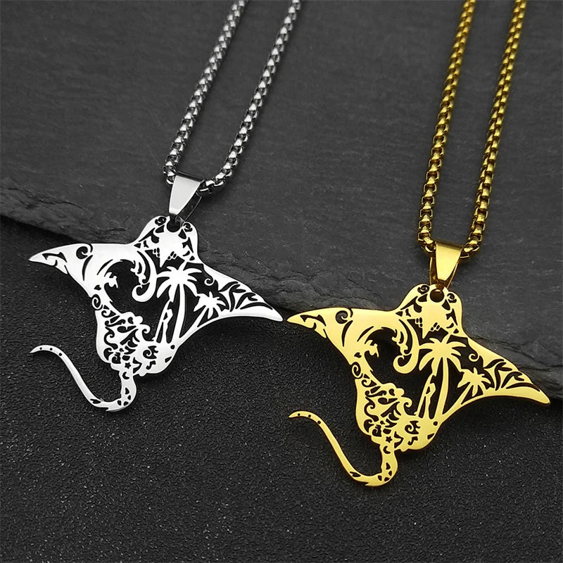Manta Ray Sea Devil Fish Pendant Necklace | Stainless Steel Gold Silver Color Chain Jewelry