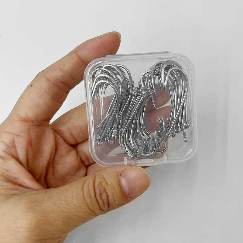 ShareShark 50-Piece High Carbon Steel Fishing Hooks with Barbed Curved Mouth | Long Shank Saltwater Hooks