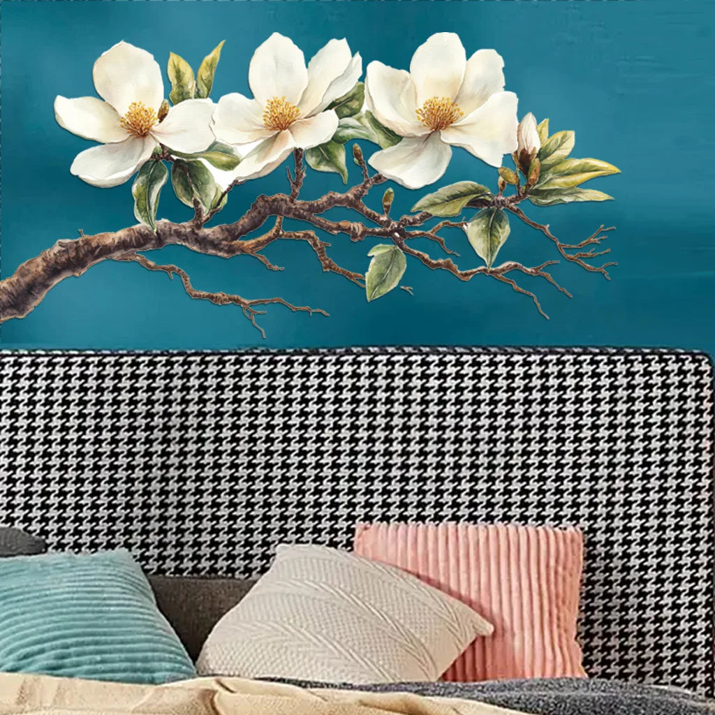 Elegant White Magnolia Blossom Wall Decal | Self-Adhesive Removable PVC Sticker